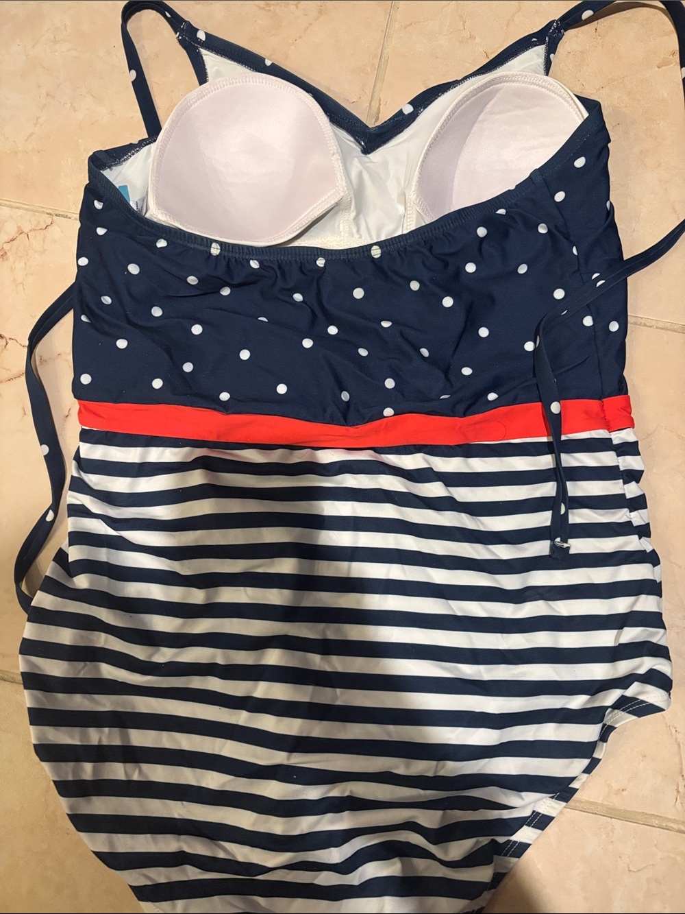 Modcloth Navy & White Polka Dot and Stripe One-Piece with Red Waistband - Picture 3 of 3